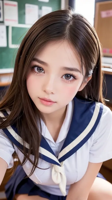 (( high school girl in a sailor suit)),  1 girl,(6.5 heads), cowboy shots,Focus from head to knee , beautiful detailed eyes ,  beautiful detailed lips ,  Extremely detailed eyes and face,  Long eyelashes,  beautiful young woman ,  high school students,  Li...