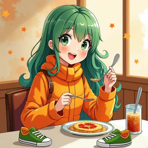 Manga cartoon   A Girl  skin white smile , long   hair colour  green - orange   gradient , wear outfits  Winter wear  and  sneaker colour green and  orange eating  foods in restaurant   backdrop  wall  , manga water colour  cartoon style  .