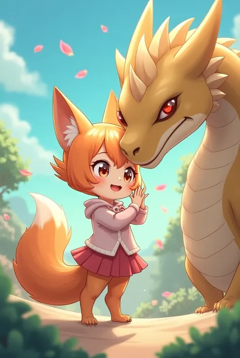 in an anime style a flat chested small fox girl with fox like characteristics playing with a dragon