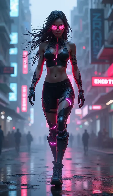 Hybrid Prompt: “A Free Fire hybrid of Kelly’s agility and Moco’s hacking prowess, featuring sleek athletic wear and glowing cybernetic implants. The character has neon streaks and a holographic visor displaying digital codes, moving with both stealth and s...