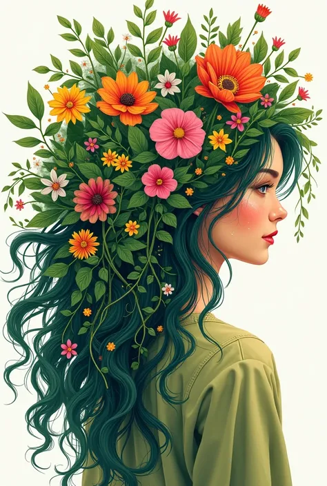 Illustrate a head of hair styled like a lush garden, with colorful flowers, vines, and leaves intertwined, symbolizing the vibrant hues of the shampoo.