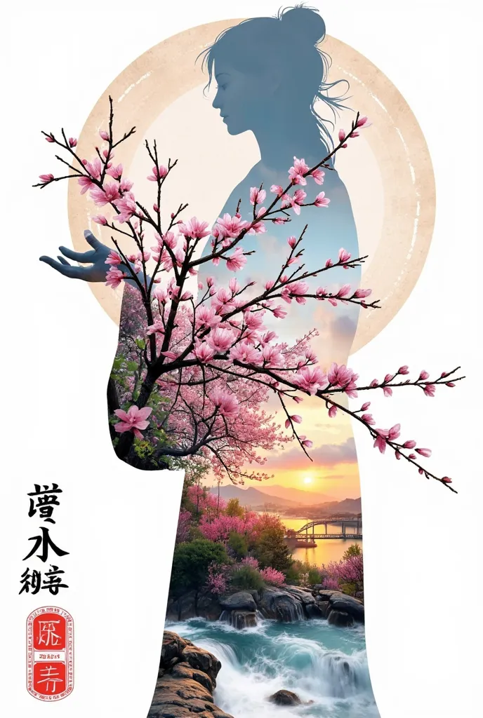 high quality, 8k ultra hd, a beautiful double exposure that combines an goddess silhouette, there's a serene with sunset coast, ...