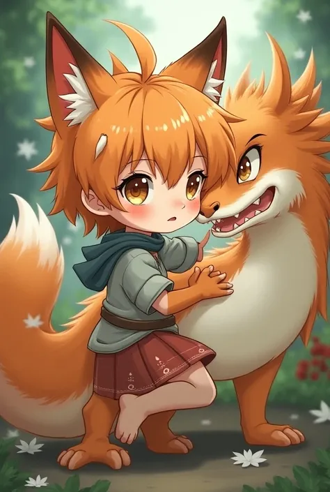 in an anime style a flat chested teenage fox girl with fox like characteristics playing with a dragon