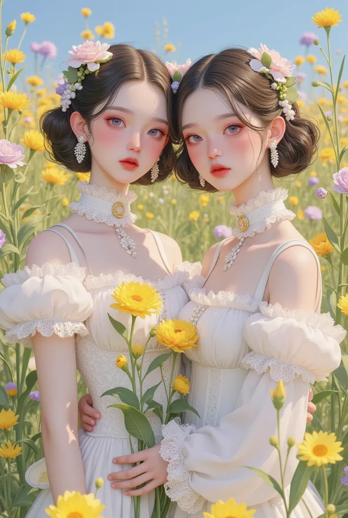 sisters group photo ，close-up shot of a flower field wearing a dress,  a painting inspired by shen sizheng , tumblr, rococo, dre...