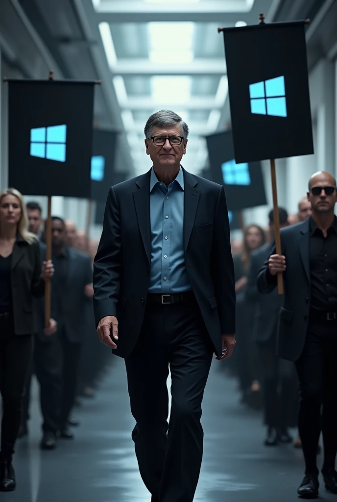 "A digital artwork showing Bill Gates walking forward in a futuristic, high-tech environment. Behind him, a group of people holds black flags, each featuring the Windows 8 logo, with its distinct, colorful square design. The scene is sleek and modern, with...