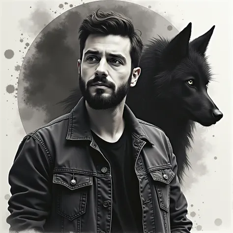 colourful ink painting of a 26 years age man wearing denim jacket, black shirt, round face, soft beard, short beard, flat painting, ink painting, a big wolf spirit in the background, focus, dark theme, award winning ink painting, hd resolution, 4k