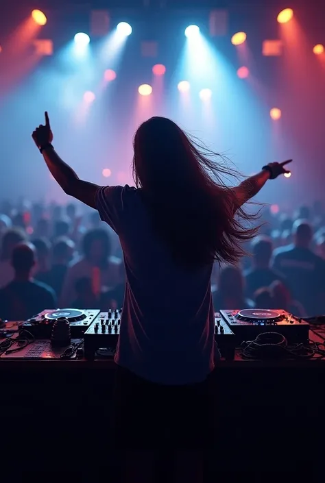 Dj with long hair playing facing the crowd 