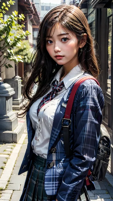 Long Hair,Brown Hair,A girl with a backpack is posing for a photo, navy blue blazer uniform ,  white shirt, red and grey striped tie,  gray plaid skirt ,  big breasts at the temple,night ,Outdoor urban environment, Natural Light,Casual atmosphere, Front Vi...