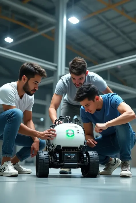 3 young confident men setting up their tiny bowling machine in robotic competition hall