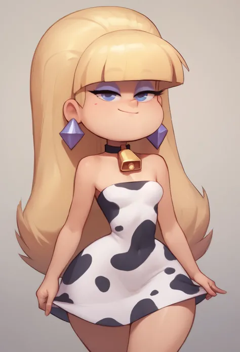 Pacifica Northwest. Small saggy breasts. huge hips. thin body, long blond hair with bell-shaped bangs and dark blue eyes. She also has thick purple eye shadow and lavender ring earrings. cow dress. farming