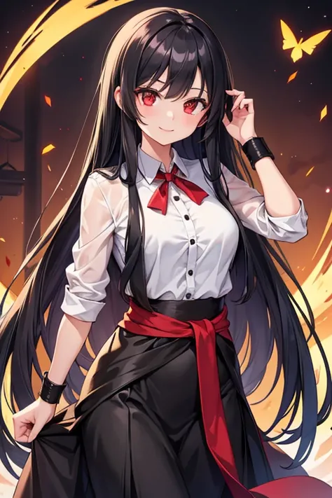  1 beautiful girl with pieces 　Shows up to the waist　 Black Long Hair 　Red eyes　 bewitching smile　 Female Teacher