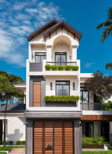 1 main wood door, many glass door, concrete, modern villa, palm, plant, beautiful sky, architecture, beautiful, masterpiece, bes...