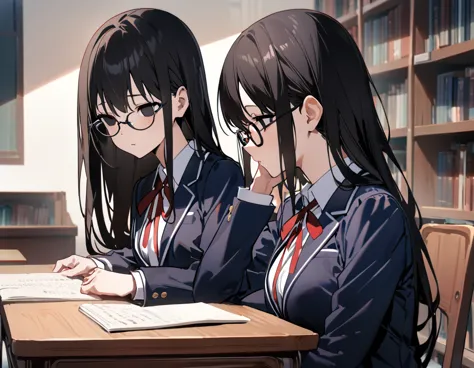 （masterpiece, Best Quality:1.2)、 high school girl、Black Hair、long hair、Black Eyes、empty eyes、 slender、Glasses、黒いschool uniform, 黒のmiddle breast, blazer,  red ribbon、close mouth、no expression、Large desk、 Sitting on a Wooden Chair 、Library、study、 side view、 ...