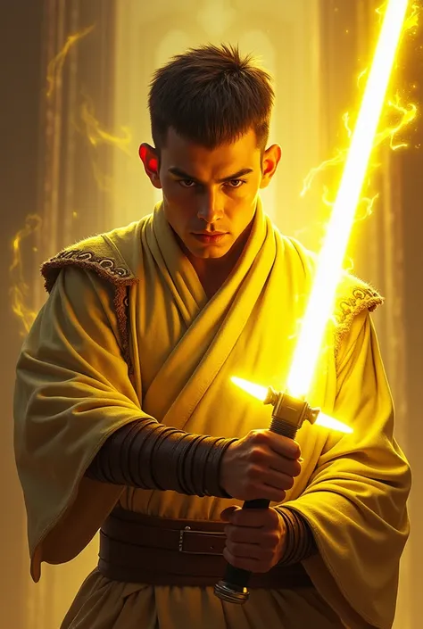 man holdes yellow light saber with short hair 