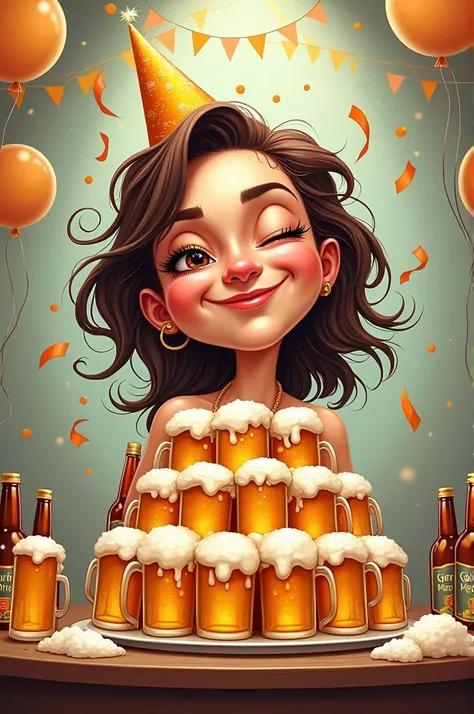 Caricature a drunk brunette woman in front of her birthday cake made of beer