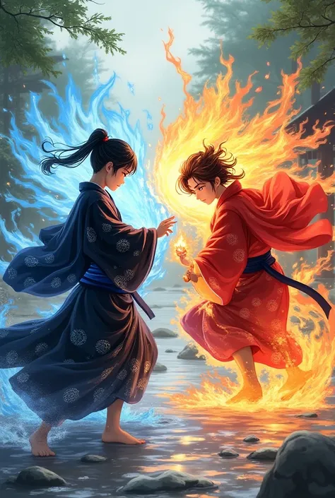 Create a character from the anime demon Slayer wearing a blue and black kimono while using water breathing, Do it with short hair and fight against a person in a red kimono and who uses fire breathing