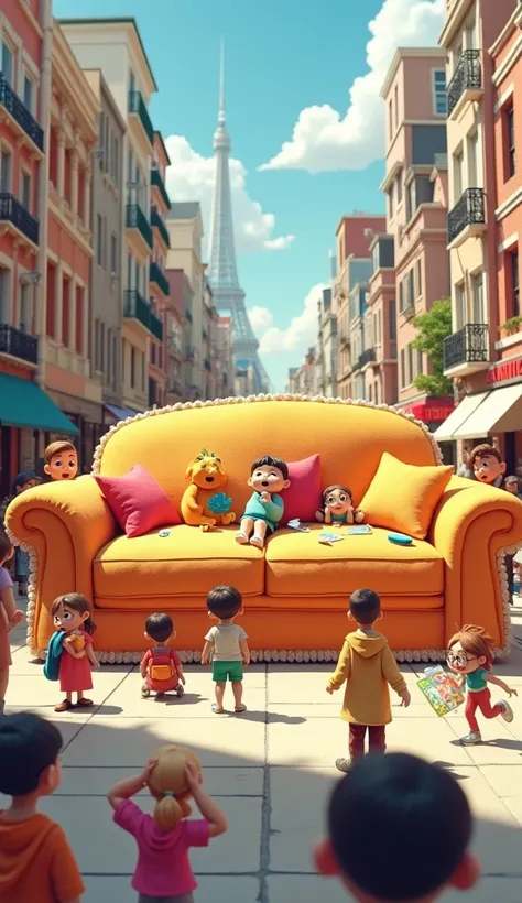 In a few days, the entire city was covered by a huge sofa. People were surprised, confused, 
In 3d cartoon animated character 