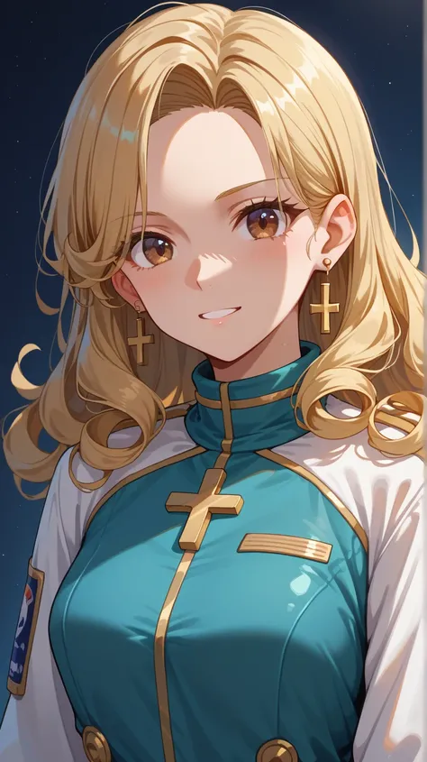 A lively anime girl with short, curly golden blonde hair and soft brown eyes, dressed in a metallic white and teal space uniform with intricate designs on the sleeves. She has a small bow choker and cross, cross earrings, with a friendly expression as she ...