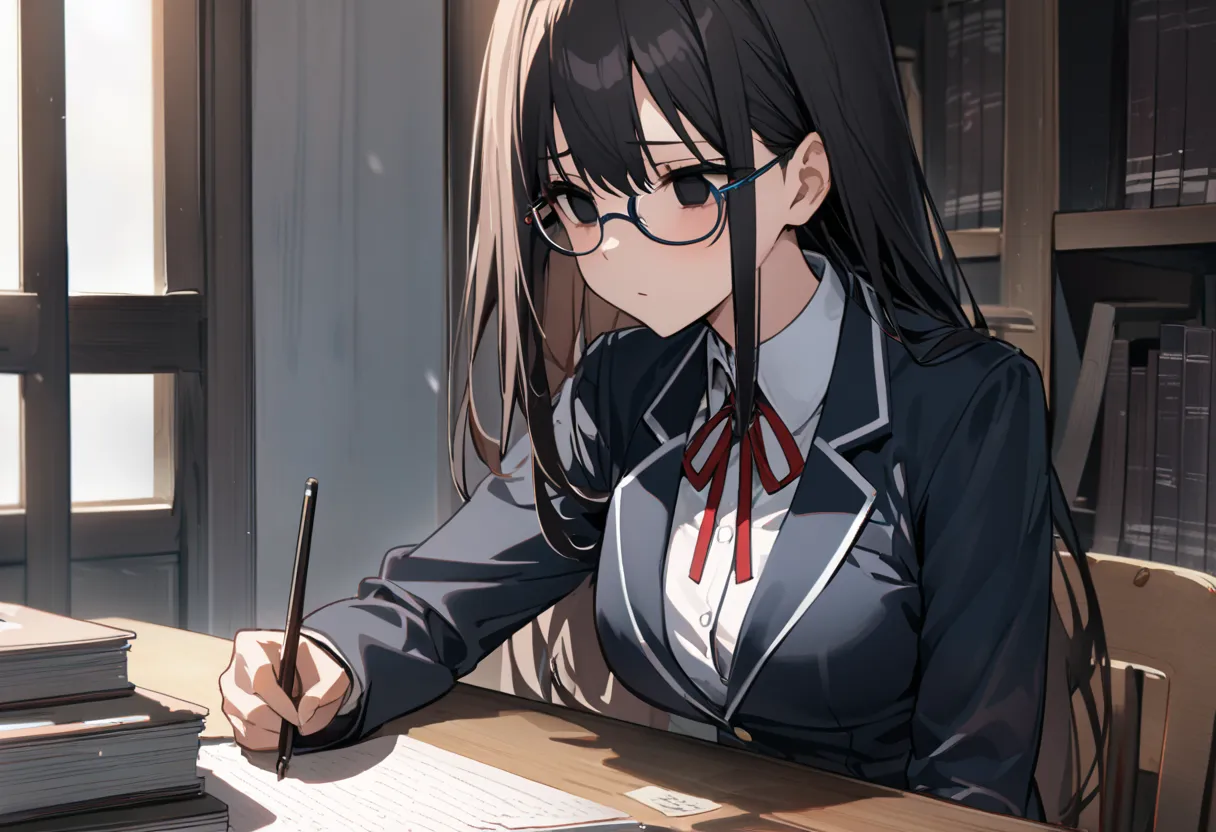 （masterpiece, Best Quality:1.2)、One person、 high school girl、Black Hair、long hair、Black Eyes、empty eyes、 slender、Glasses、黒いschool uniform, 黒のmiddle breast, blazer,  red ribbon、close mouth、no expression、Large desk、 Sitting on a Wooden Chair 、Library、study、 ...