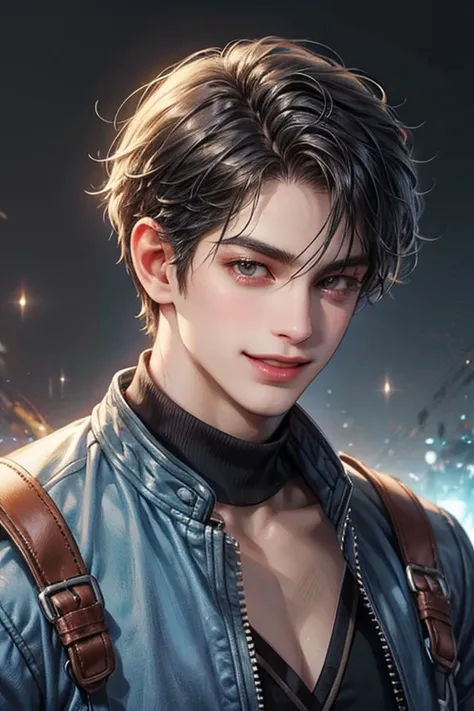 Portrait of the highest quality - 1 boy., 25 years, character from Final Fantasy XII, short hair, jet black hair, with gray eyes, big eyes, modren dessert cafe , Beautiful, smiling, dynamic pose, detailed and correct facial structure, perfect face, extreme...