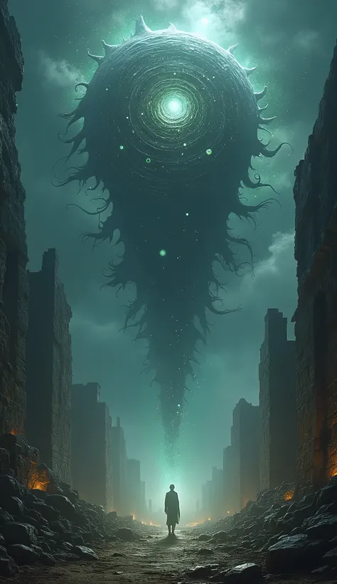 In the depths of a shadowy, otherworldly landscape, the cosmic entity Yog-Sothoth looms, a swirling mass of iridescent spheres and shifting forms. The air is thick with an unsettling mist, illuminated by an eerie, otherworldly glow that casts long, distort...