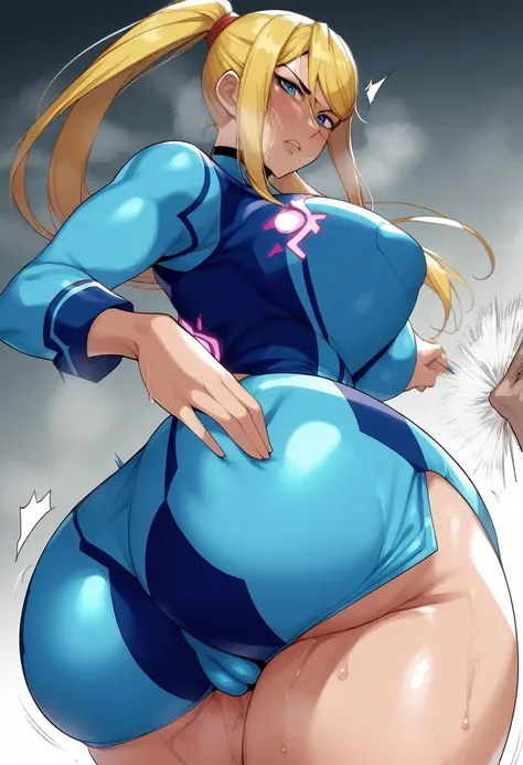 masterpiece, Best Quality,  1 girl, woman , Huge , Huge ass, break,  score_9,  score_8_up,  score_7_up,  score_6_up, sauce_cartoon, evaluation_explicit hot body, 成熟したwoman. Mature Woman, close view,  Samus Alan,  long blond hair,  ponytails, bangs,  blue e...