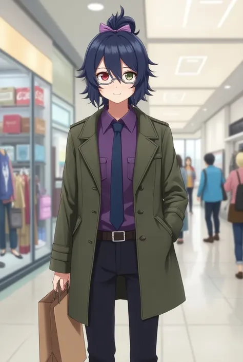  Dark Blue Ponytail with Purple Bow、 Different Color Eyes （Left red、Right olive green）、 Silver Frame Glasses 、Purple Mens Shirt with Dark Blue Tie 、 black trousers 、 Army Green Military Coat、Brown leather shoes、 with both hands holding a large paper bag、In...