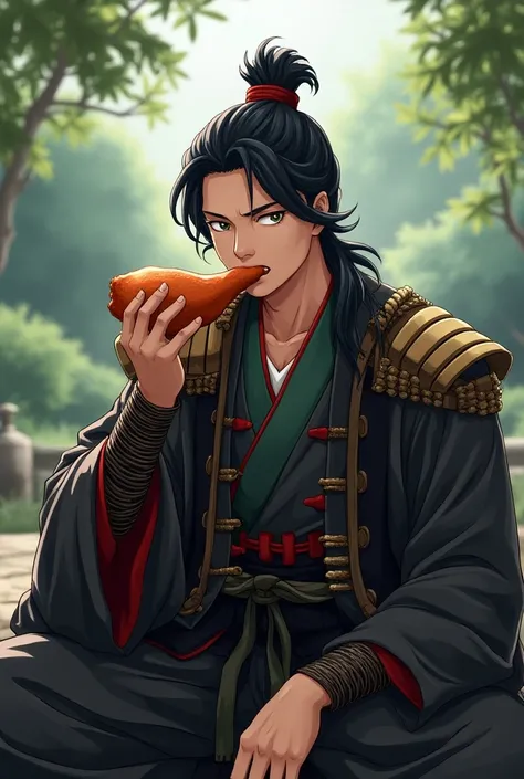 An anime samurai hero eating a big chicken leg with a happy face