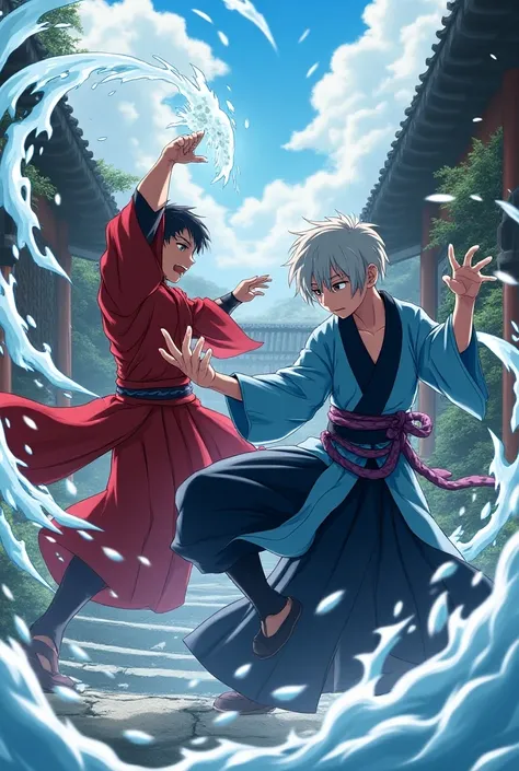 Create a character from the anime demon Slayer wearing a blue and black kimono while using water breathing, Do it with short hair and fight against a person in a red kimono