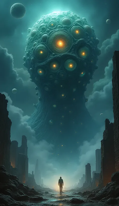 In the depths of a shadowy, otherworldly landscape, the cosmic entity Yog-Sothoth looms, a swirling mass of iridescent spheres and shifting forms. The air is thick with an unsettling mist, illuminated by an eerie, otherworldly glow that casts long, distort...