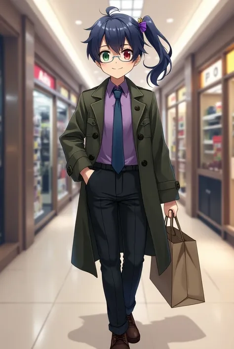  Dark Blue Ponytail with Purple Bow、 Different Color Eyes （Left red、Right olive green）、 Silver Frame Glasses 、Purple Mens Shirt with Dark Blue Tie 、 black trousers 、 Army Green Military Coat、Brown leather shoes、 with both hands holding a large paper bag、In...