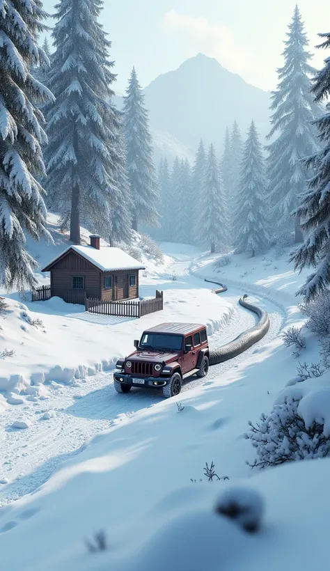 Photo realistic, thick snow on ground, road, trees, car, jeep, wooden small house and on fence. Background is a forest and hills. Car tire marks and deep foot steps in snow. heavy snow fall. Anaconda passing through.