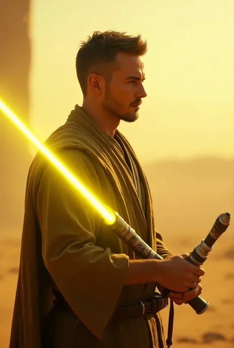 man holdes yellow light saber with short hair looking left side