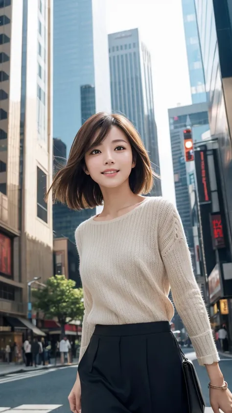 highest quality、genuine、Super detailed、finely、High resolution、8k wallpaper、one beautiful japanese woman Walking  Under the skyscraper、light brown short hair、sharp focus、perfect dynamic composition、beautiful and detailed eyes、thin hair、Detailed genuine skin...