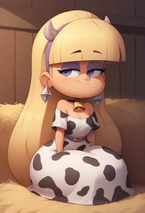 Pacifica Northwest. Small saggy breasts. huge hips. thin body, long blond hair with bell-shaped bangs and dark blue eyes. She also has thick purple eye shadow and lavender ring earrings. cow dress. farm. bales of hay. sitting
