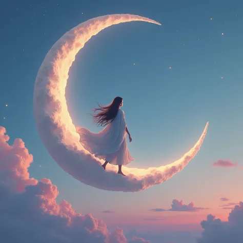 A hyper-realistic digital painting of a lone figure walking gracefully along the curve of a delicate crescent moon. The figure is wearing a cloak and has long hair. The moon is suspended high above a twilight sky with soft pink clouds and a few stars. The ...