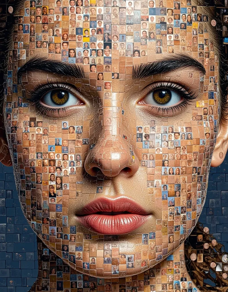 (1mskxx1:1.6), a hyper-realistic portrait composed of many small photos of the same size, just like a mosaic. each photo should ...