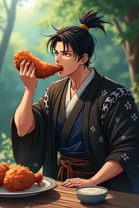 An anime samurai hero eating a big chicken leg with a happy face