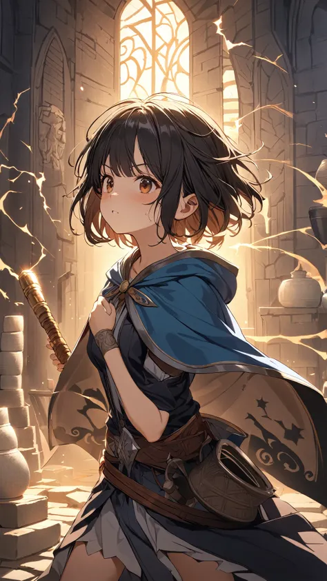 1 girl, ( cute face),  Expression Full of Determination ,  short hair,  Hooded Cloak of a Magician in a Fantasy World, Old magic wand,  medium breasts,  Strong Chanting Posture ,  Pottery Skin , break,  Dark Square , Bright Magical Light , ( Thrilling Atmo...