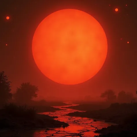  the end of the Sun as seen from Earth、Red giant stars visible from the surface of the earth at that time、landscape