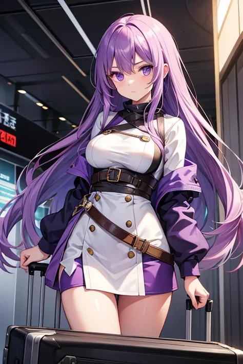  1 beautiful girl with pieces 　Shows up to the waist　 light purple loosely wrapped long hair　Purple eyes　 No Emotion　tourist　Traveler　 holding a suitcase　airport