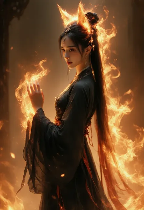 a beautiful Asian woman in hijab wearing a flowing black dress and a fiery transparent fox ear headband. smiling, standing gracefully, showing glass heels that emit fire. His right hand looked up as if it was emitting fire. The background is black with a l...