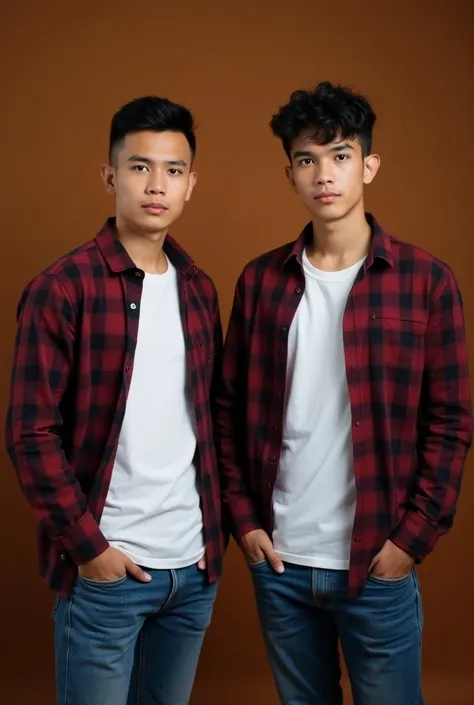 2 handsome young men aged 25 years Indonesia, short black hair, wearing maroon checkered shirts under white t-shirts and jeans, brown background facing the camera, super HD