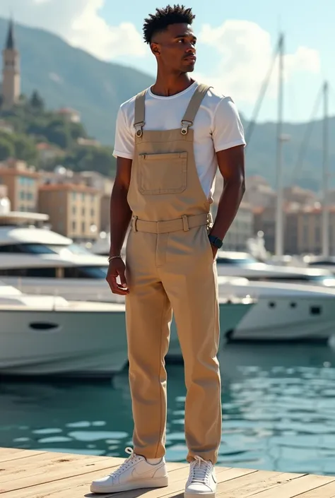 “Lucas, a tall and lean young man with a bronzed caramel complexion and a well-maintained Afro hairstyle trimmed on the sides, stands confidently in front of the Monaco harbor. He is wearing a beige Carhartt overall, a simple white t-shirt, and stylish Ale...