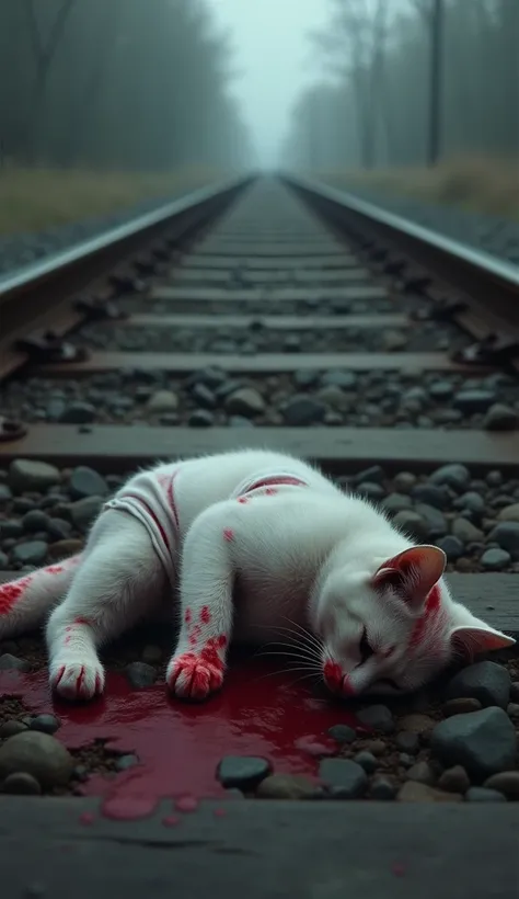 A small white cat is lying unconscious on the train track and is wearing a white t-shirt and shorts and there is blood spilled around it and the white cat is hurt and its body is badly hurt and its There is blood on the clothes and there is only the scene ...