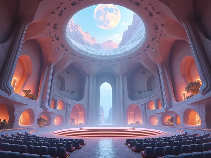 A grand hall designed for social gatherings and ceremonies, with a high, domed ceiling that opens to reveal views of the twin suns. The walls are embedded with large, crystal formations that refract light into thousands of colors, creating a mesmerizing di...