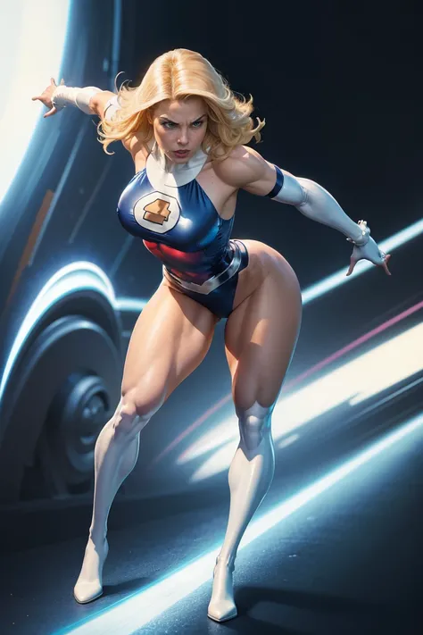 Digital art with oil shading. Full body image. Sue Storm, a 25-year-old superhero from Marvel Comics, has long blonde hair, almond-shaped blue eyes, an athletic body with strong arms and legs, and a large bust. She is totally nude, long white gloves, and l...