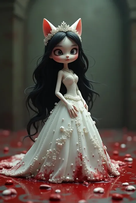 3d cartoon " A white lady cat girl who wears white marriage dress full of pearls as a bride with long black hairs  got dead with blood every where "