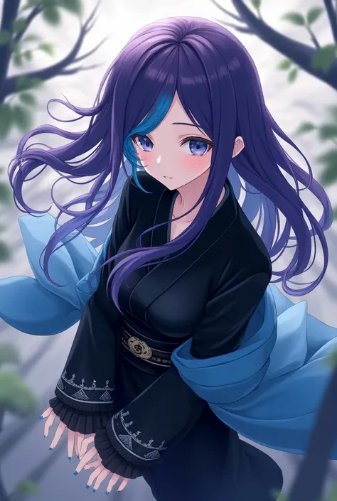 Attractive game girl with purple long hair 、 
Turn a section of the side of the bangs blue.　
 blue highlights on the side of her bangs 　Part of the bangs is blue　　 blue kimono with white triangular pattern on the cuffs　Light blue kimono coat
black hakama a...