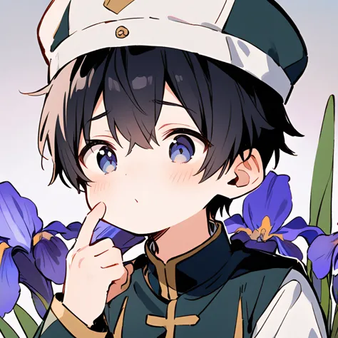 solo，male， and my body is small，black hair，iris， close your mouth，a hat similar to a uniform cap,